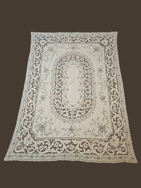 VTG Quaker Nottingham Lace Rectangular Tablecloth Ecru Floral 59x80
